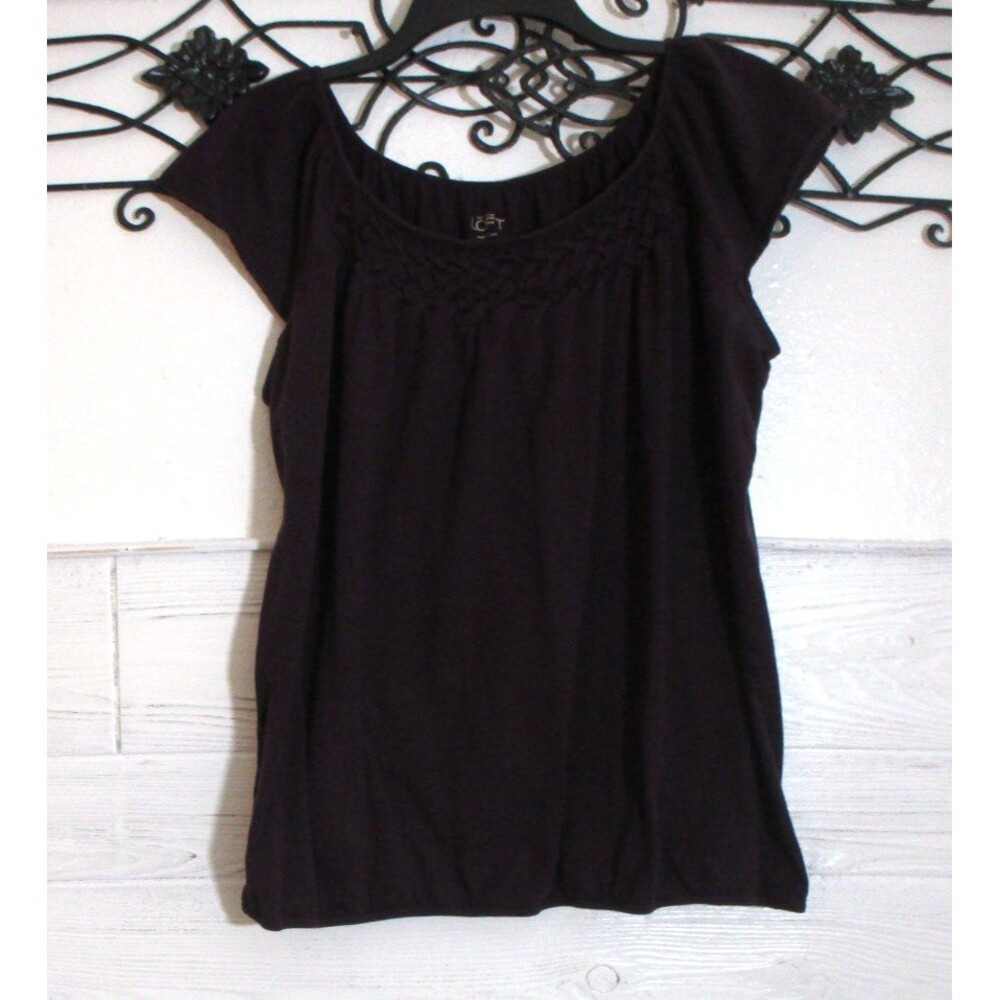 LOFT Knit Top Women's Size L Short Sleeve Wine Round Neck